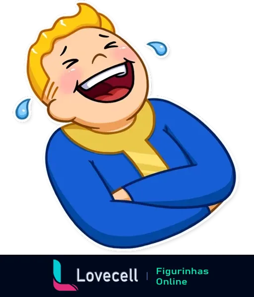 Figurinha do Fallout Vault Boy rindo muito com lágrimas de riso, retratando uma expressão de hilaridade e diversão extrema.