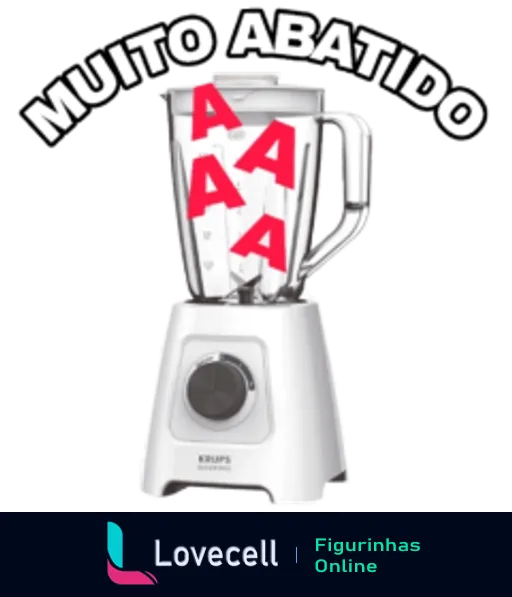 Figurinha de WhatsApp mostrando um liquidificador Krups com a expressão 'MUITO ABATIDO' e as letras 'AAA' dentro, simbolizando que estão sendo batidas, em um trocadilho visual de grande abatimento.