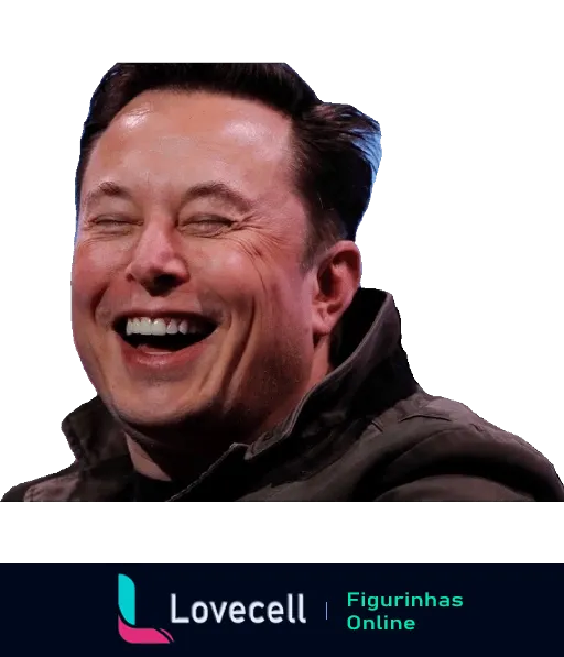 Elon Musk rindo alegremente com cabelo escuro penteado para o lado e jaqueta escura, sorriso amplo e expressivo