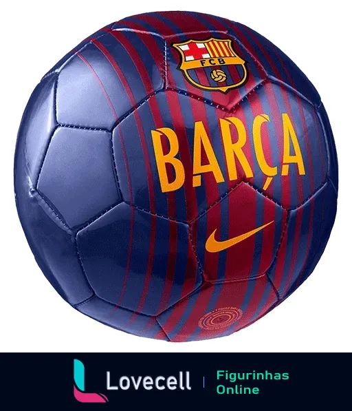 Bola de futebol do Barcelona com listras vermelhas e azuis e o emblema do clube, incluindo logotipo da Nike