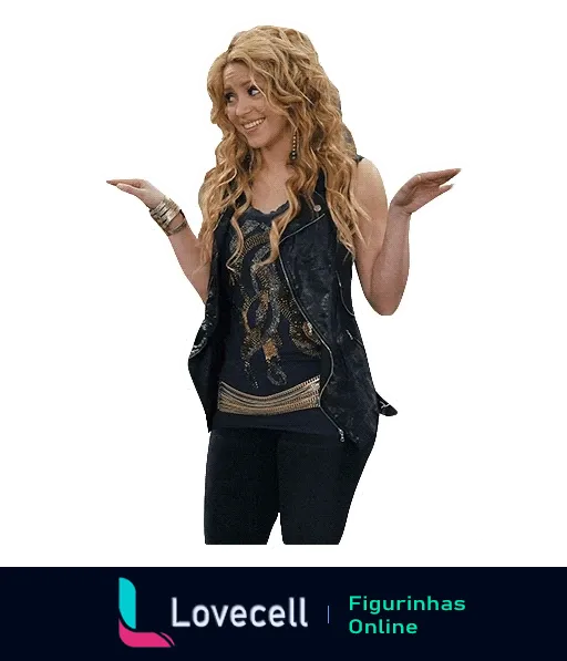 Figurinha da Shakira indecisa com as mãos levantadas e palmas para cima, sorriso leve, usando camiseta preta com detalhes dourados e calças pretas, cabelos longos e encaracolados