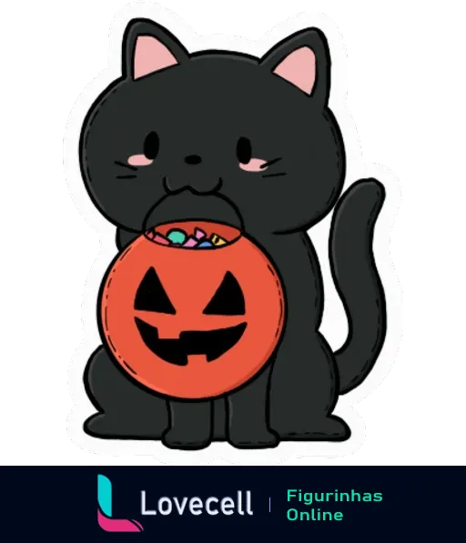 Adorável gato preto de Halloween segurando um balde laranja com rosto de abóbora e cheio de doces. Sticker da pasta Halloween Cat.