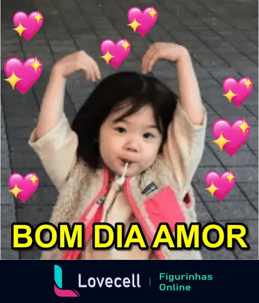 Uma criança com cabelo curto e franja, segurando algo na boca, fazendo um gesto com os braços. Em volta, corações rosas com brilho. Texto na parte inferior: BOM DIA AMOR.