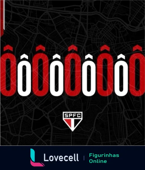 Figurinha com mapa estilizado preto e troféus em vermelho e branco, logo do São Paulo FC no canto inferior direito