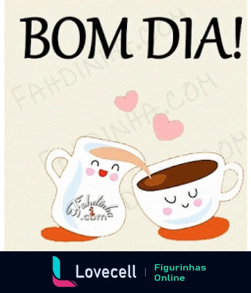 Figurinha de Bom Dia com xícara de café e jarro de leite sorridentes, texto 'BOM DIA!' e corações flutuantes