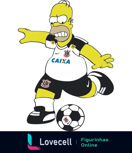 Homer Simpson vestido com o uniforme do Corinthians em pose de jogo, pronto para chutar uma bola de futebol