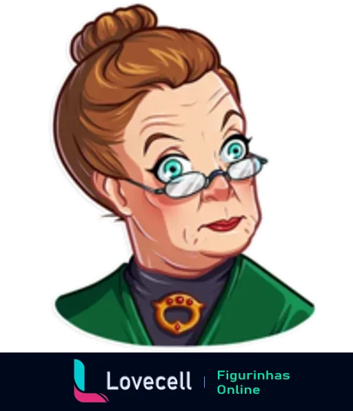 Figurinha da Professora Minerva McGonagall de Harry Potter com cabelo preso, óculos e traje verde, exibindo expressão séria.