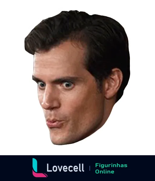 Figurinha de Henry Cavill com expressão engraçada, olhos arregalados e leve bico nos lábios