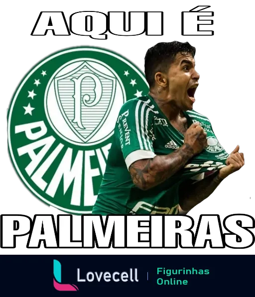 Jogador do Palmeiras comemorando com entusiasmo, escudo do clube ao fundo e frase 'AQUI É PALMEIRAS' em destaque