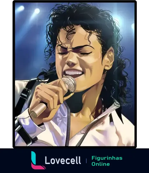 Figurinha de uma ilustração detalhada de Michael Jackson cantando com grande emoção no palco, segurando o microfone.