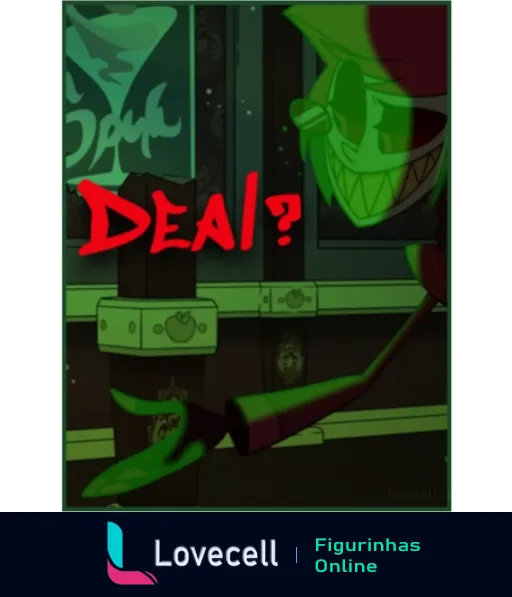 Cena do Hazbin Hotel em que um personagem misterioso com sorriso largo oferece um acordo, ilustrado pela palavra 'DEAL?' em vermelho.