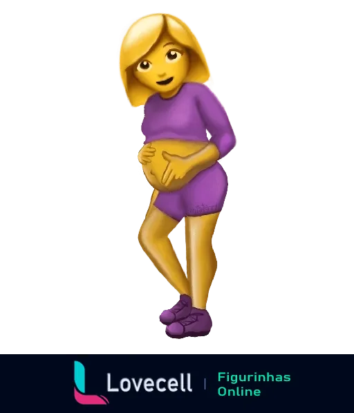 Emoji de mulher grávida sorrindo com cabelos loiros e vestido roxo justo, segurando a barriga