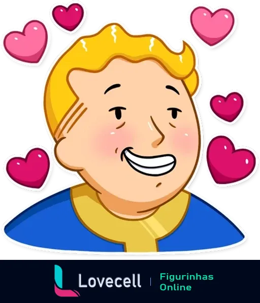 Fallout Vault Boy sorrindo, cercado por corações rosas flutuantes, expressão apaixonada e sorridente.