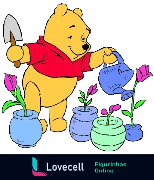 Ursinho Pooh animado regando e cuidando de plantas em vasos com flores coloridas, trazendo um momento de serenidade e cuidado.