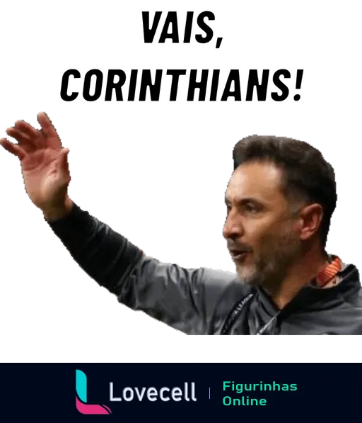 Homem comemorando e levantando a mão com a frase VAI, CORINTHIANS! em destaque, celebrando o time de futebol Corinthians