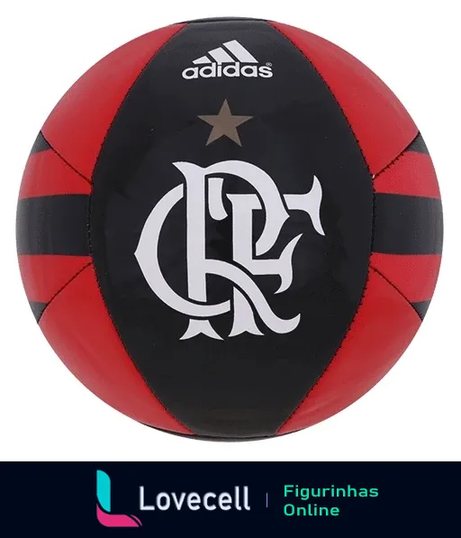 Figurinha de bola de futebol do Flamengo e Adidas, alternando gomos pretos e vermelhos com emblema do clube e estrela dourada