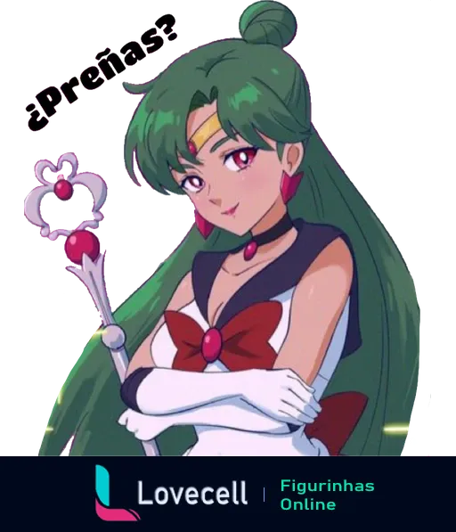 Figurinha da Sailor Pluto do anime Sailor Moon. Ela está segurando um cetro mágico com uma expressão confiante e a frase 'ePreñas?'.