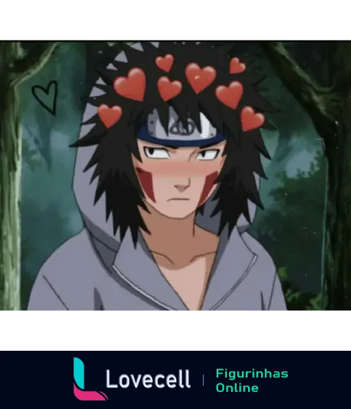 Kiba Inuzuka, do anime Naruto, com corações ao redor da cabeça e um coração preto ao fundo, representando o tema amor.