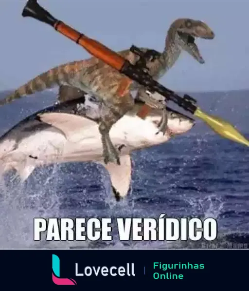 Figurinha de WhatsApp com um Velociraptor montado em um tubarão, segurando uma arma de assalto, com a frase 'PARECE VERÍDICO' em tom sarcástico