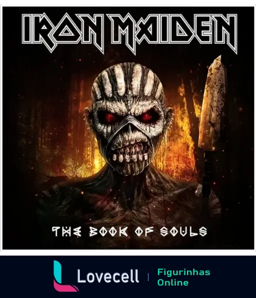 🎨Iron Maiden cover🎨. Figura aterrorizante com olhos vermelhos e lâmina em chamas. Arte do álbum 'The Book of Souls'.