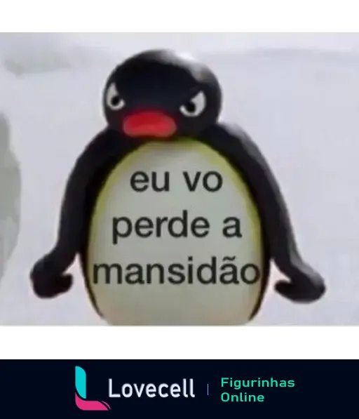 Imagem do pinguim Pingu com expressão de raiva e braços abertos, com o texto 'eu vo perde a mansidão' escrito em seu peito. Fundo de neve ao redor.