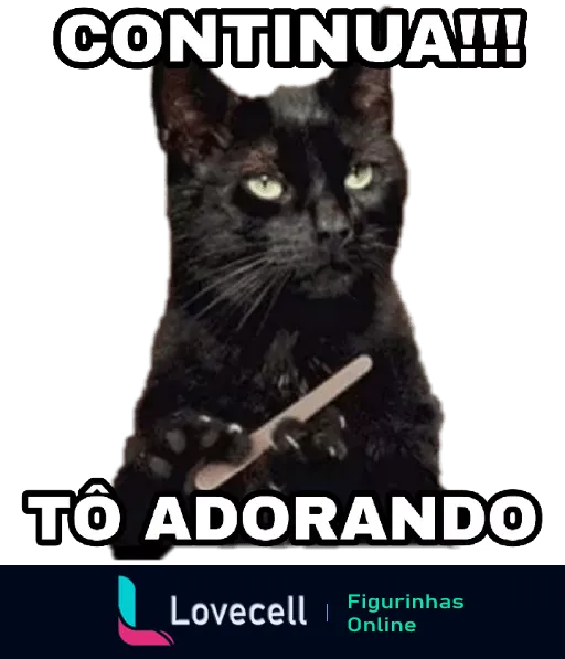 Figurinha de gato preto sentado segurando uma colher com expressão satisfeita e texto 'Continua!!! Tô adorando' indicando entusiasmo ou sarcasmo