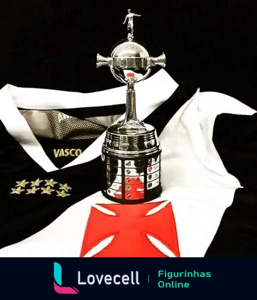 Troféu da Libertadores com bandeira do Vasco ao lado, mostrando o nome 'VASCO' e cinco estrelas douradas