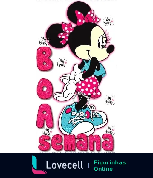 Figurinha de 'Boa Semana' com Minnie Mouse sorrindo, em pé, com seu vestido de bolinhas, ao lado da frase em letras grandes e coloridas e a figura sorridente do Stitch.