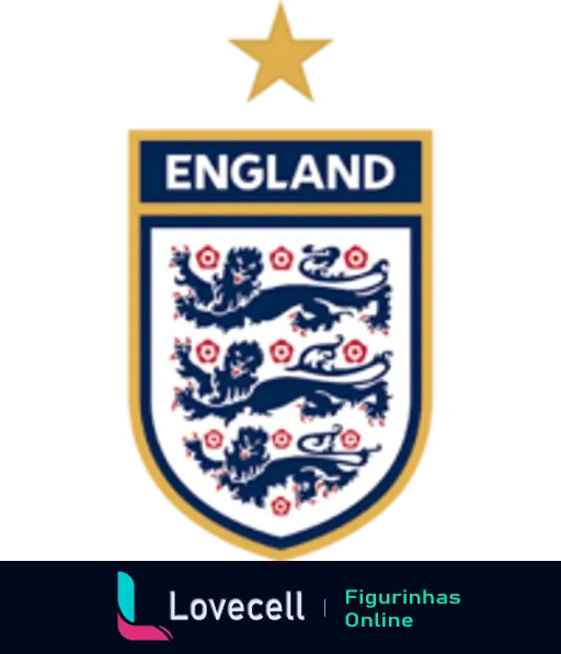 Figurinha do escudo da Seleção de Futebol da Inglaterra com leão de três coroas em fundo azul claro, detalhes em vermelho e estrela dourada