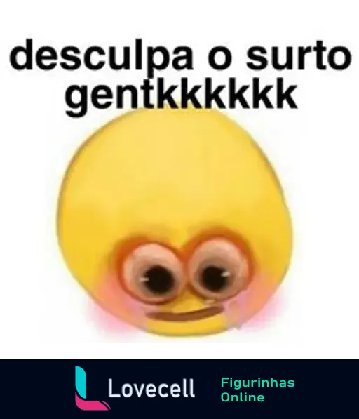 Emoji amarelo com olhos grandes e expressão divertida. Texto: 'desculpa o surto gentkkk'. Usado para expressar arrependimento de forma humorística.