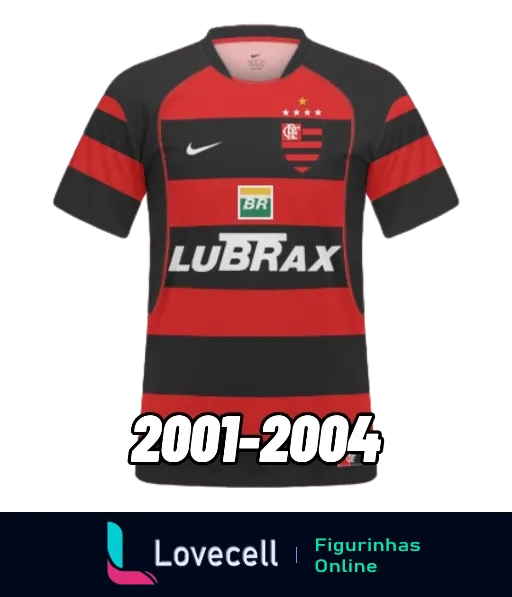 Figurinha da camisa do Flamengo de 2001 a 2004 com listras horizontais vermelhas e pretas, logo da Nike, patrocínio Lubrax e escudo do clube