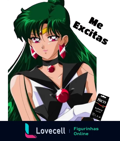 Figurinha da personagem Sailor Pluto com cabelo verde, usando uniforme preto e branco, com a frase 'Me Excita' e exibindo uma camisinha SICO.