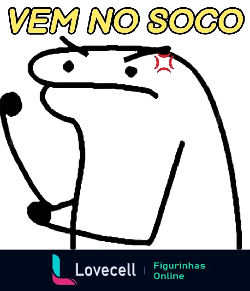 Figurinha do WhatsApp com personagem Flork furioso e hematoma na cabeça, segurando microfone e desafiando com frase 'VEM NO SOCO' em letras amarelas