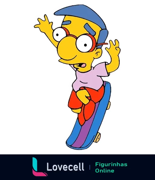 Figurinha do Milhouse Van Houten de Os Simpsons andando de skate com camiseta rosa e boné azul