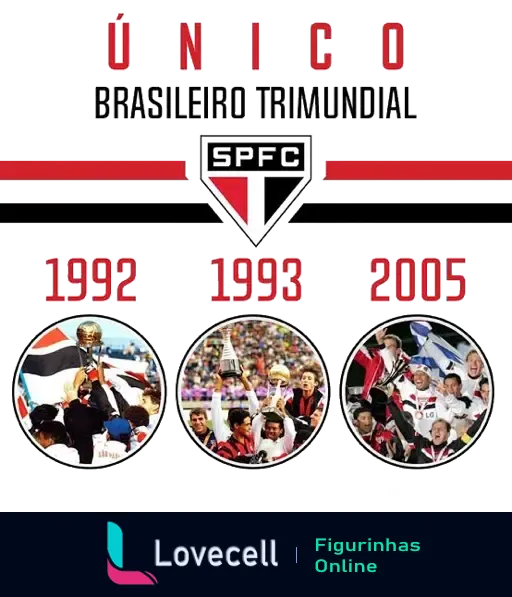 Figurinha mostrando jogadores do São Paulo Futebol Clube comemorando os títulos mundiais de 1992, 1993 e 2005 com troféus em mãos