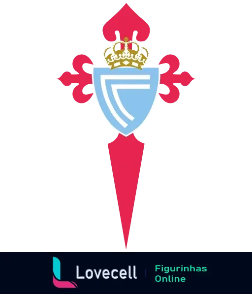 Figurinha do escudo do Celta de Vigo em formato de espada com detalhes em vermelho e azul celeste, pertencente à coleção Times de Futebol.