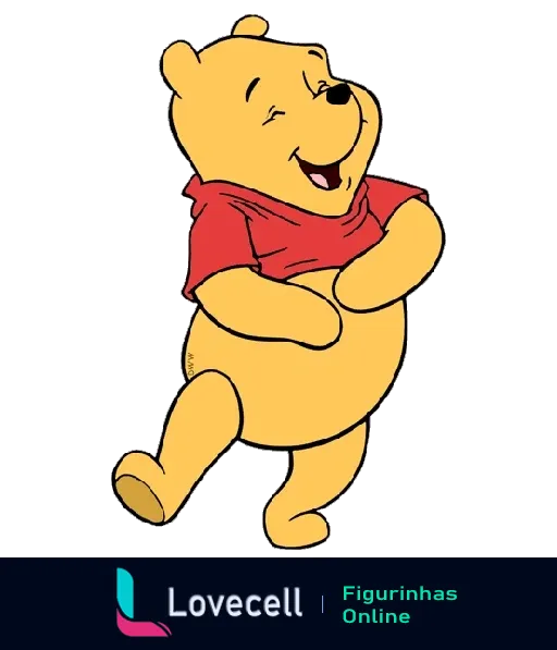 Ursinho Pooh feliz andando e rindo, vestido com sua clássica camiseta vermelha. Personagem icônico da Disney, símbolo de alegria infantil.