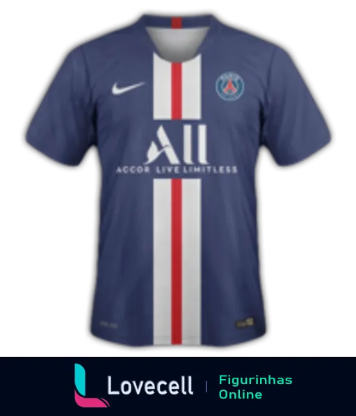 Figurinha da camisa do Paris Saint-Germain com faixa vertical vermelha e branca, logo da Nike e patrocínio da ALL - Accor Live Limitless em fundo azul