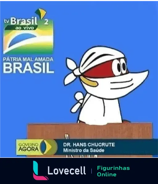 Imagem do personagem Pica-Pau vestido como um médico, com jaleco e máscara, em uma transmissão ao vivo na TV Brasil. Texto: 'Dr. Hans Chucrute, Ministro da Saúde'.