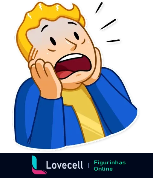 Figurinha do Fallout Vault Boy com expressão de pânico, mãos nas bochechas, olhos arregalados e boca aberta.