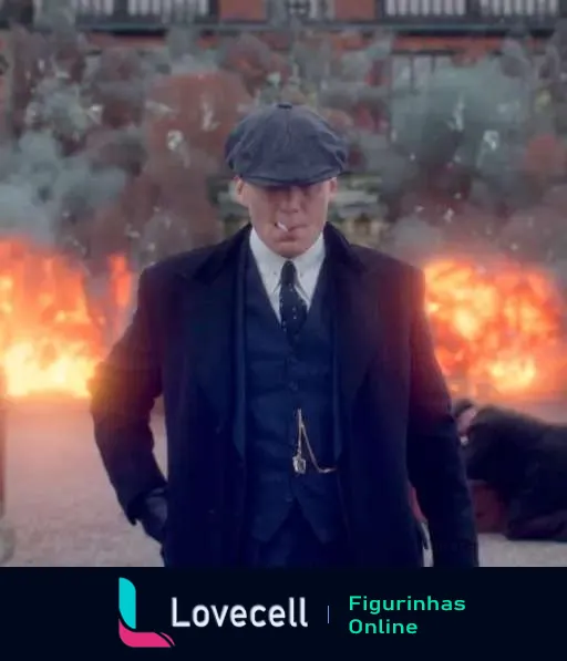 Thomas Shelby caminhando com sobretudo preto e boina em frente a um incêndio no fundo em uma cena de Peaky Blinders