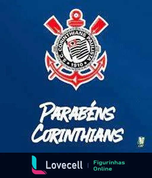 Emblema do Sport Club Corinthians Paulista com texto 'Parabéns Corinthians' sobre fundo azul para celebrar o clube