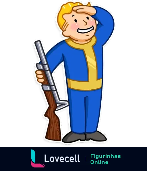 Desenho animado do Fallout Vault Boy segurando um rifle, vestindo um macacão azul com detalhes amarelos, em posição de saudação.