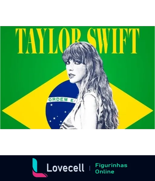 Taylor Swift em preto e branco segurando bandeira do Brasil, com seu nome em letras maiúsculas sobre fundo verde vibrante