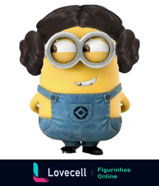 Figurinha de Minion sorridente com tranças, óculos de proteção e macacão jeans com logotipo 'G', expressando alegria e travessura