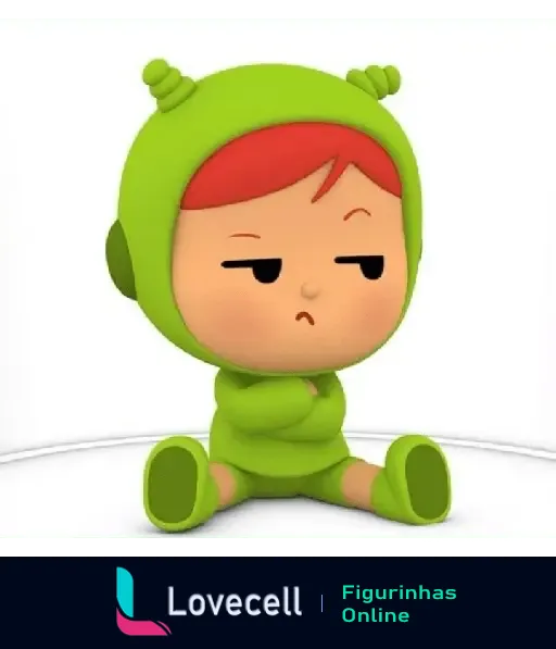 Personagem da animação Pocoyo com roupa verde, expressão emburrada e braços cruzados, parecendo estar bravo ou irritado.