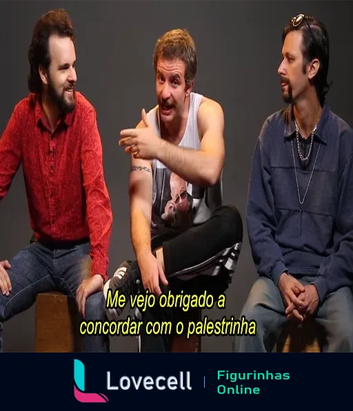 Três apresentadores de Choque de Cultura sentados, um deles diz 'Me vejo obrigado a concordar com o palestrinha'. Cena famosa do programa.