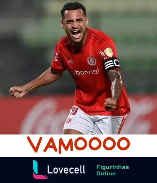 Figurinha do WhatsApp mostrando jogador do Internacional comemorando gol, vestindo uniforme vermelho, pulando e com expressão emocionada, com a palavra 'VAMOOOO' em branco destacando a energia.