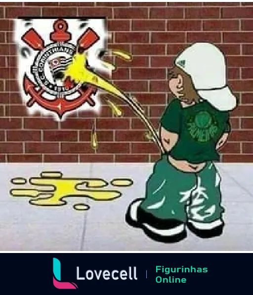 Caricatura de criança com boné e camiseta verde pixando símbolo do Corinthians em parede, usando spray amarelo que forma poça no chão