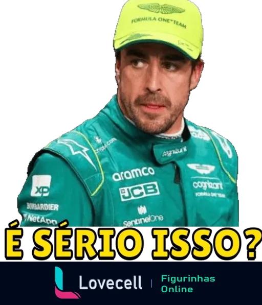 Figurinha de WhatsApp com homem em uniforme verde de corrida com logotipos 'Aramco' e 'XP', usando boné amarelo com 'Formula One Team' e expressão de surpresa, com frase 'É sério isso?'